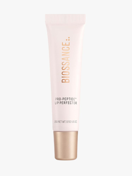 Biossance Pro-Peptide Lip Perfector in branded tube component on a light gray background