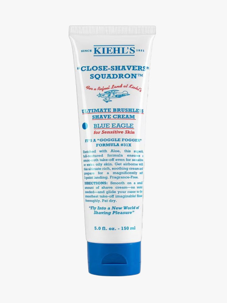 Kiehl’s Blue Eagle Ultimate Brushless Shave Cream in branded tube component on a light gray background