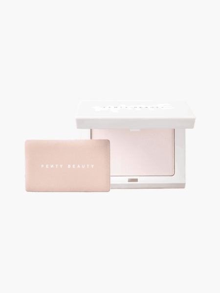 Invisimatte Instant Setting + Blotting Powder in branded white and pale pink compact on light gray background