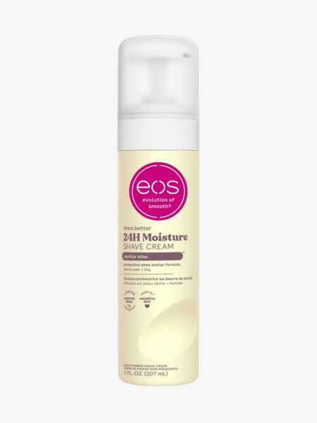eos 24 Hour Moisture Shave Cream in branded component on a light gray background
