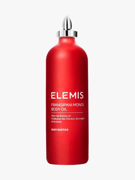 Elemis Frangipani Monoi Body Oil red bottle on light gray background