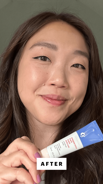 Lee after applying the Glossier Balm Dotcom